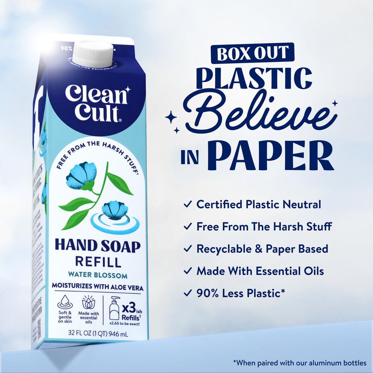 Recharge de savon liquide Cleancult, emballage en papier recyclable