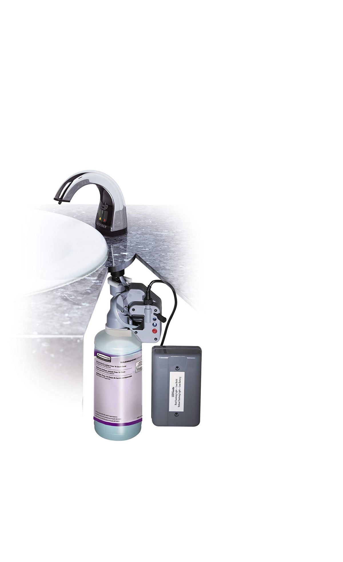 Recharge de savon liquide mains Rubbermaid avec étiquette visible