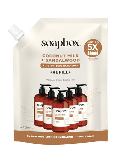 Recharge de savon liquide Soapbox à la noix de coco et bois de santal 64oz vue de face