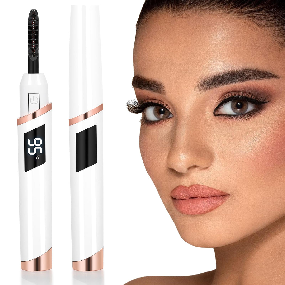 Recourbe-cils électrique chauffant ShenlanBolt vue de face avec tête de brosse en silicone