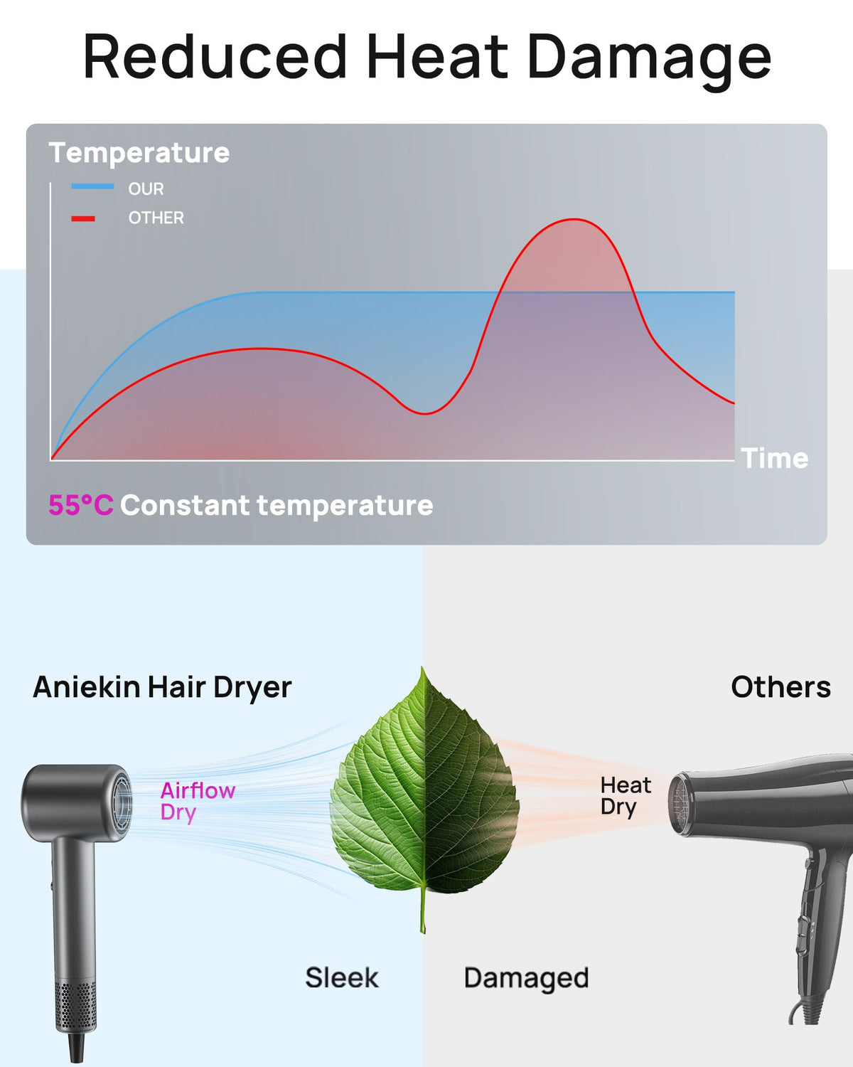 Réglages du sèche-cheveux ANIEKIN avec boutons de contrôle
