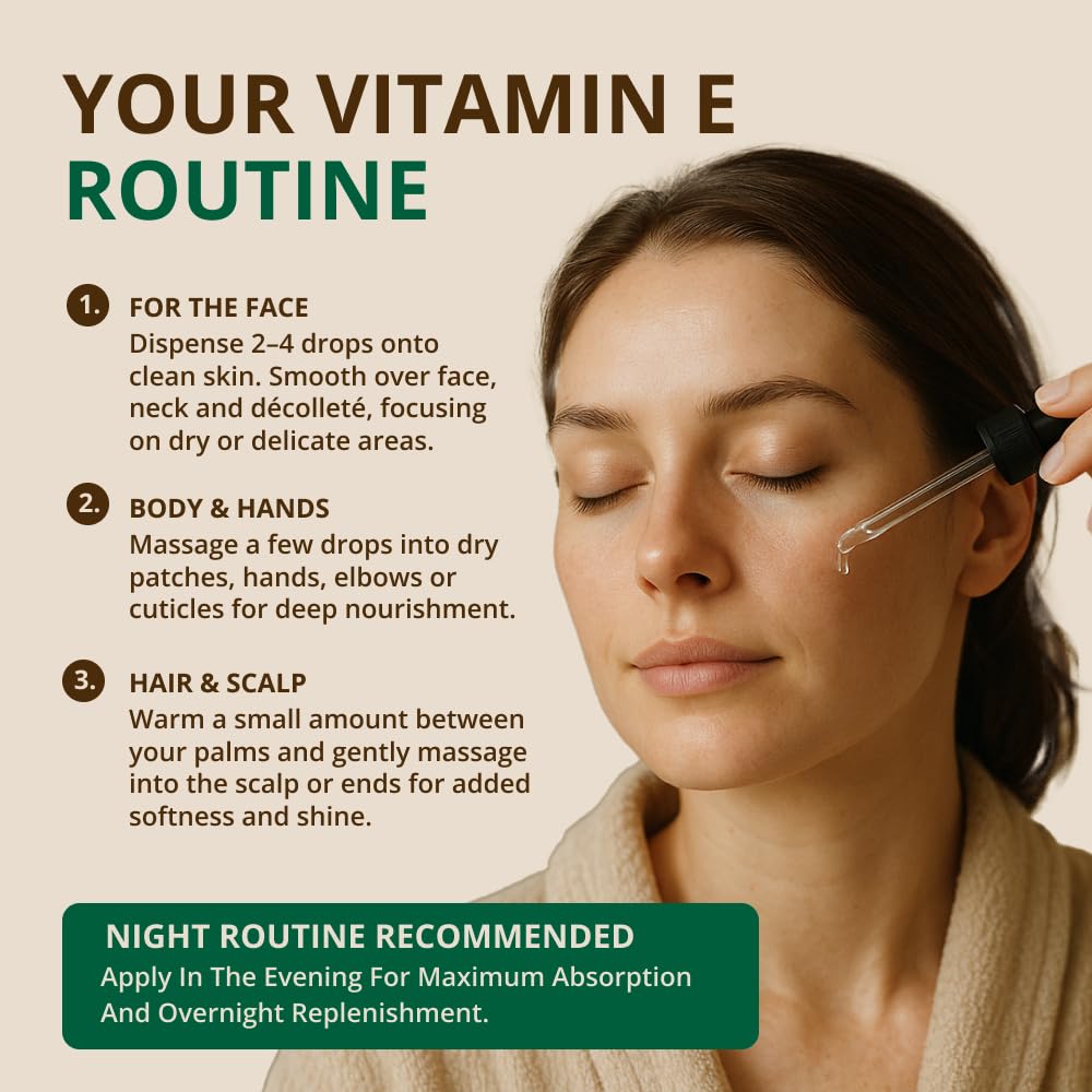 RejuveNaturals Huile de Vitamine E 100% Pure, gouttes sur la peau