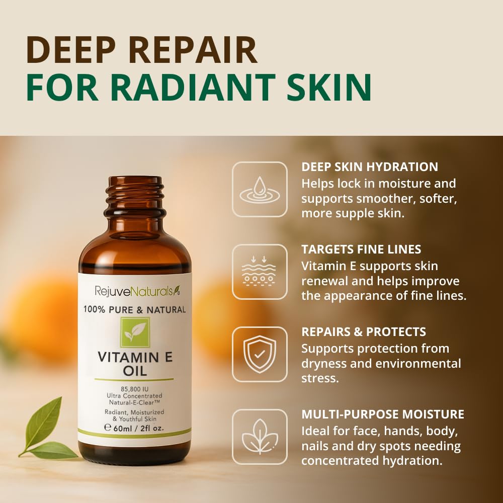 RejuveNaturals Huile de Vitamine E 100% Pure, vue latérale avec étiquette