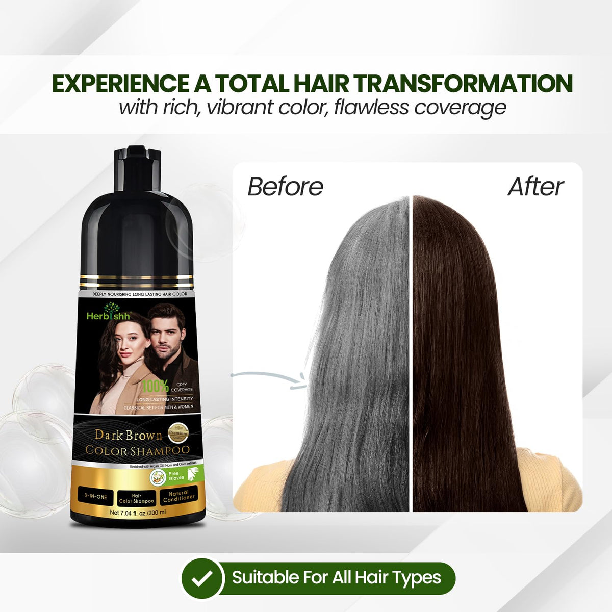 Résultat final après utilisation du shampooing teinture brun foncé Herbishh