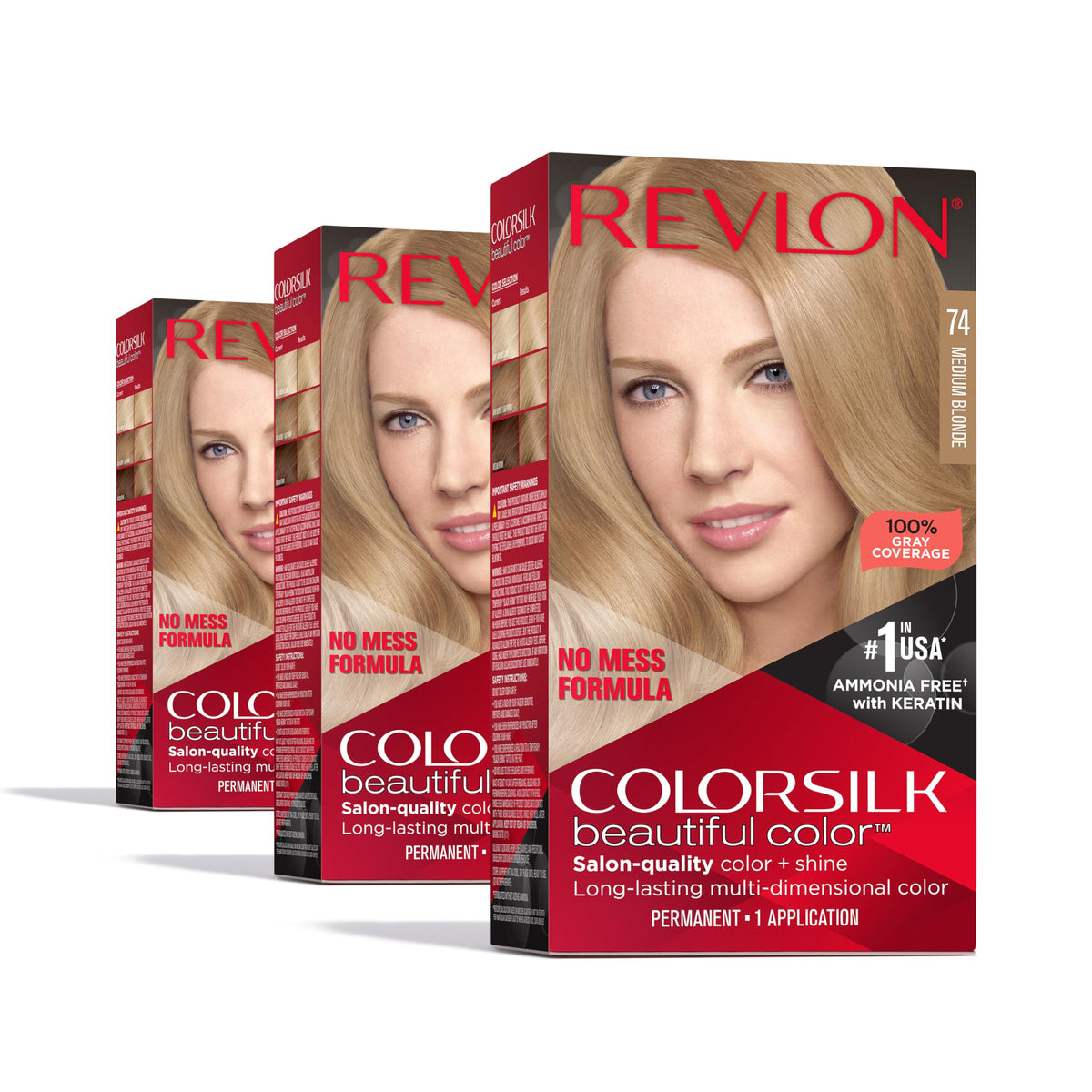 REVLON ColorSilk Teinture Permanente 74 Blonde Moyen kit de 3