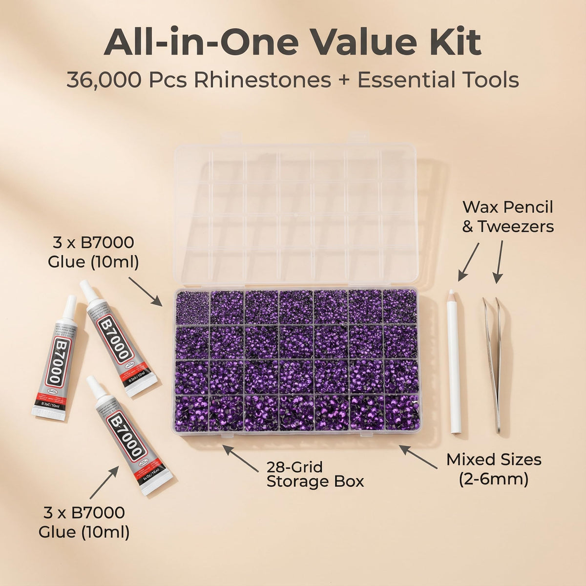 Rhinestones de différentes tailles dans un conteneur transparent