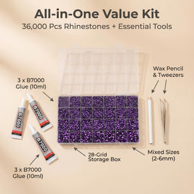 Rhinestones de différentes tailles dans un conteneur transparent