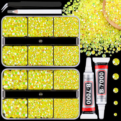 Rhinestones en résine jaune citron dans deux boîtes avec accessoires