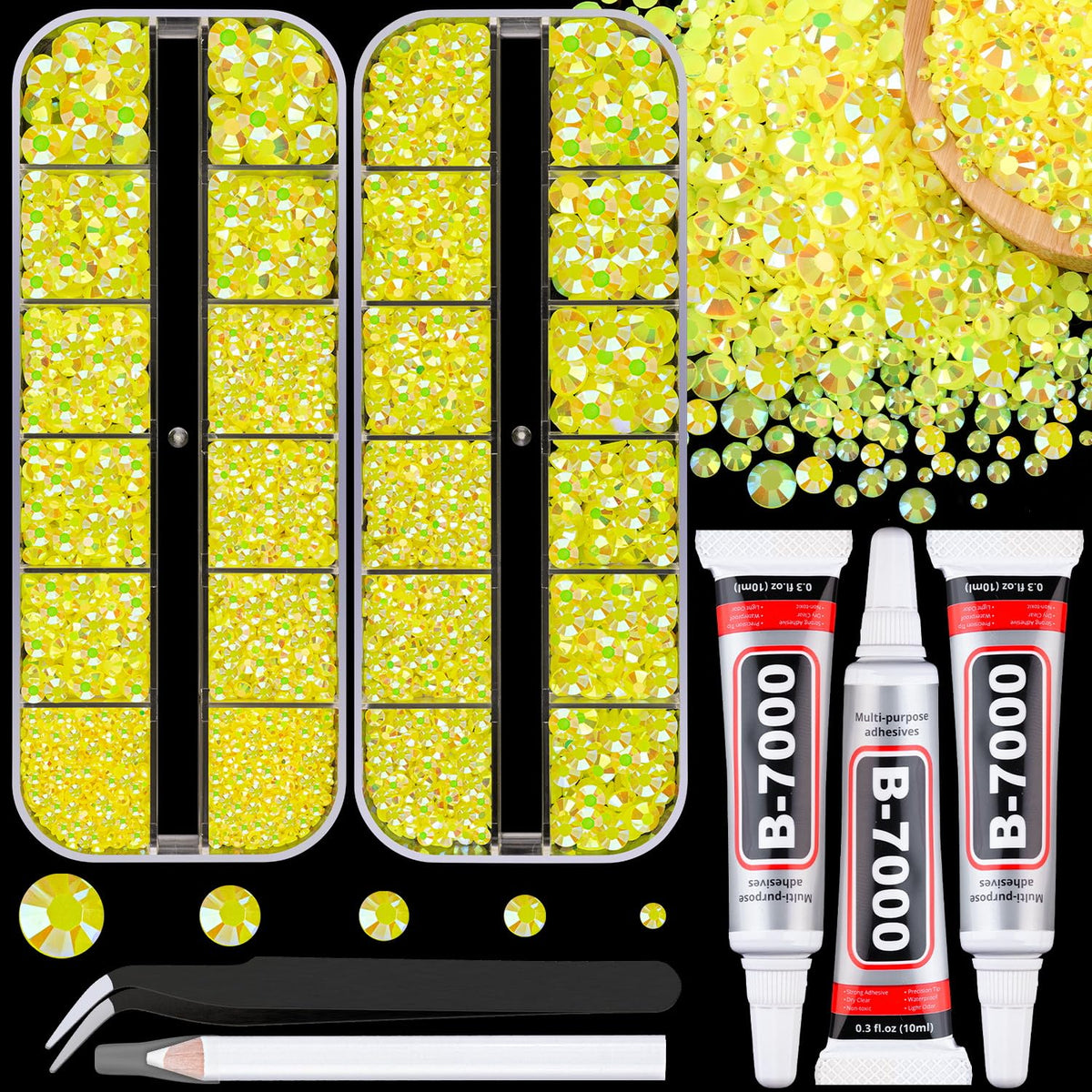 Rhinestones résine jelly TINKRSTUFF jaune citron AB, boîte ouverte