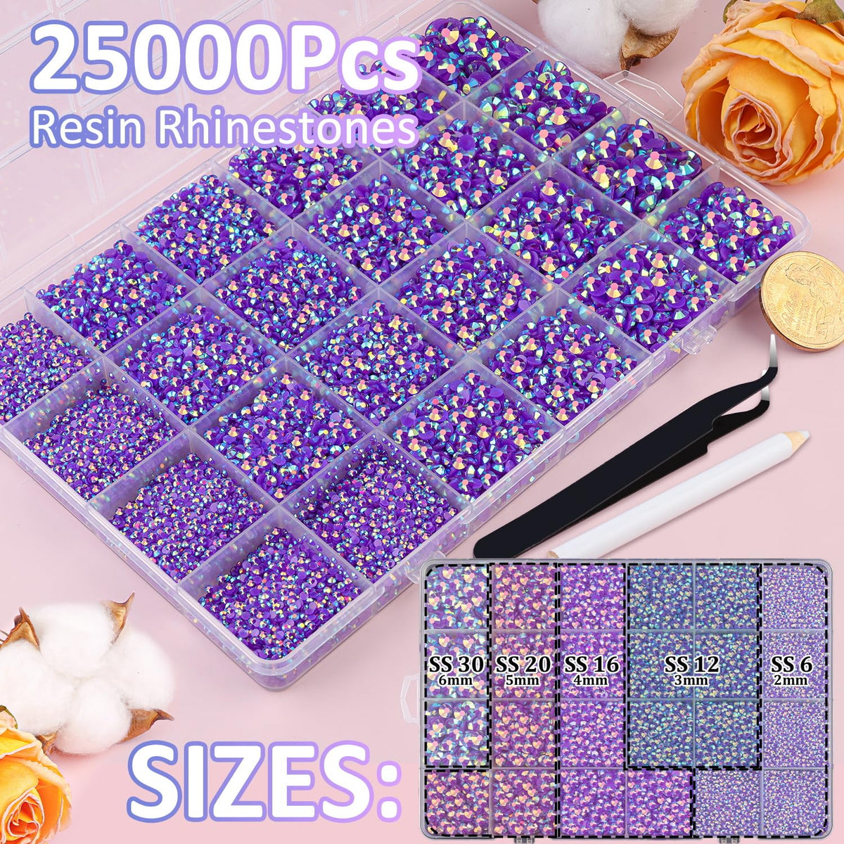 Rhinestones résine violet AB de différentes tailles dans la boîte