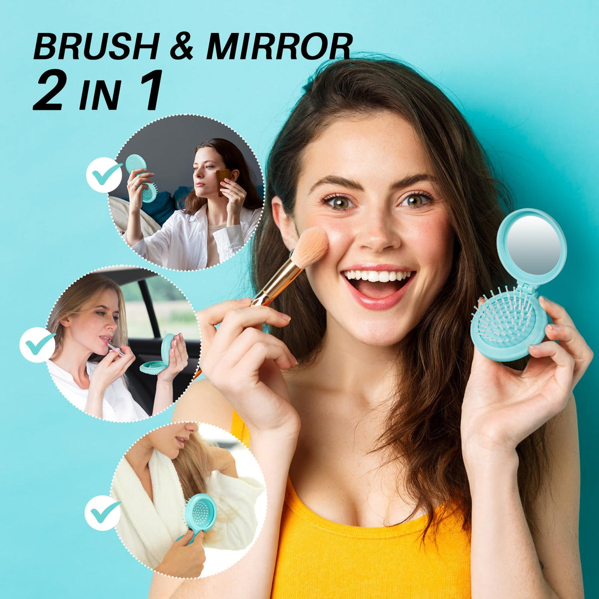 RHOS Brosse Pliable bleue vue de dos, mettant en avant le miroir