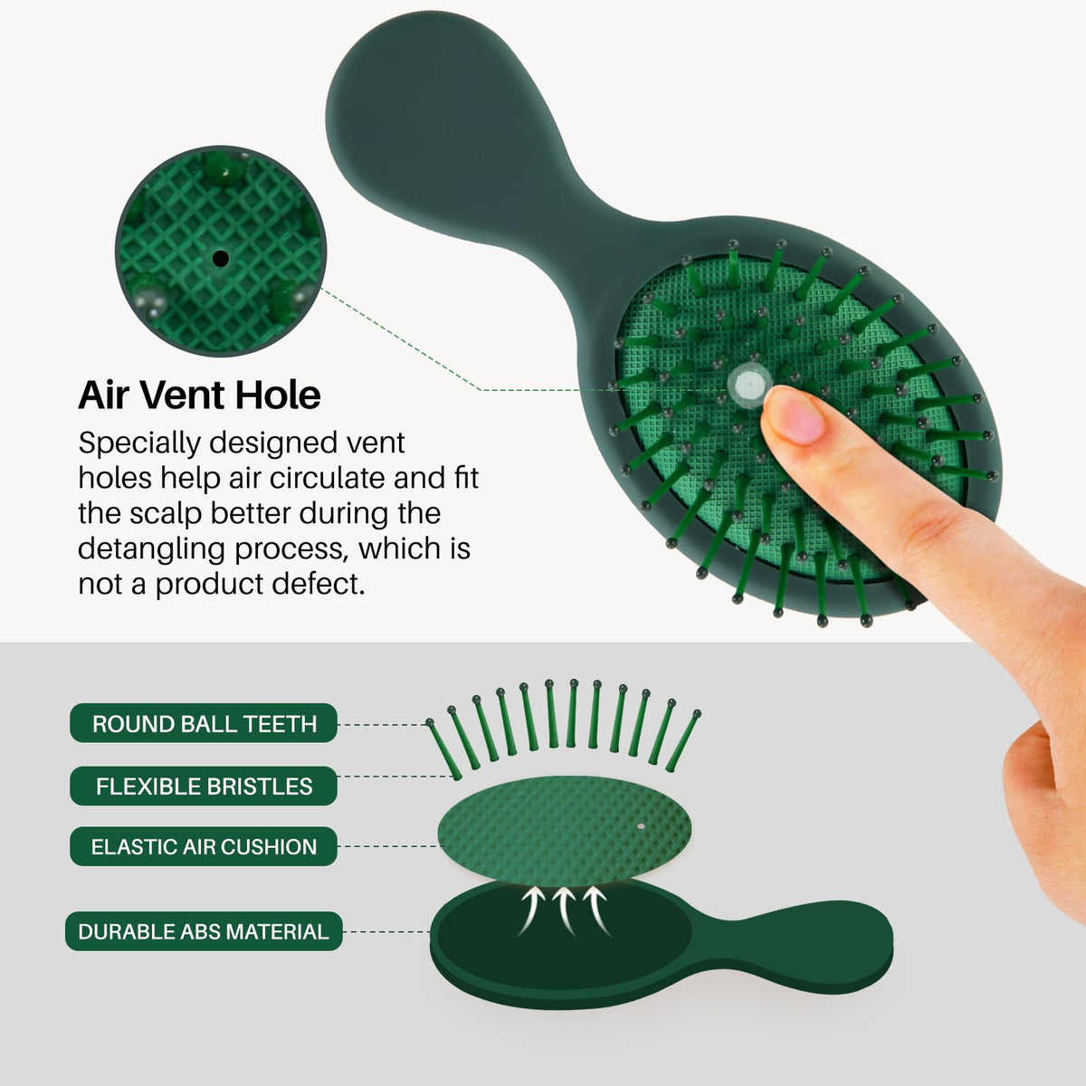 RHOS Mini Brosse à Cheveux Verte en utilisation sur cheveux