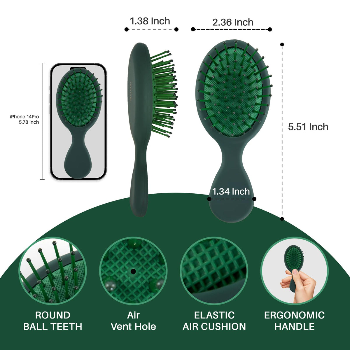 RHOS Mini Brosse à Cheveux Verte vue de côté