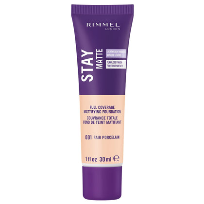 Rimmel Fond de Teint Mousse Liquide Stay Matte 001 Porcelain Clair face avant