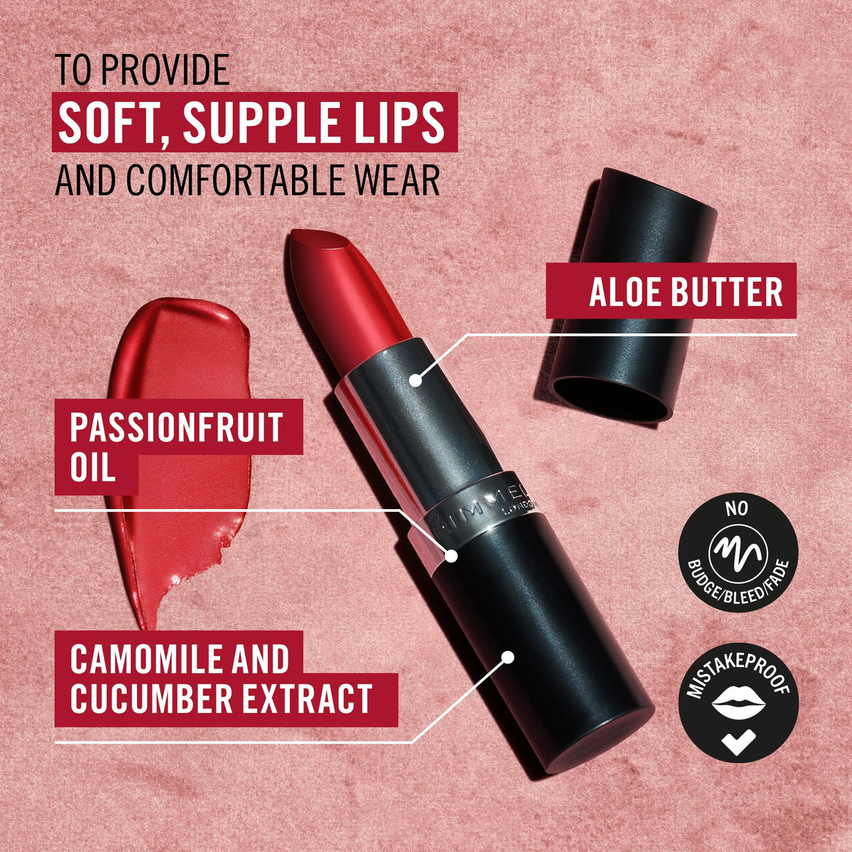 Rimmel Rouge à Lèvres Longue Durée Burgundy Éclat appliqué sur lèvres