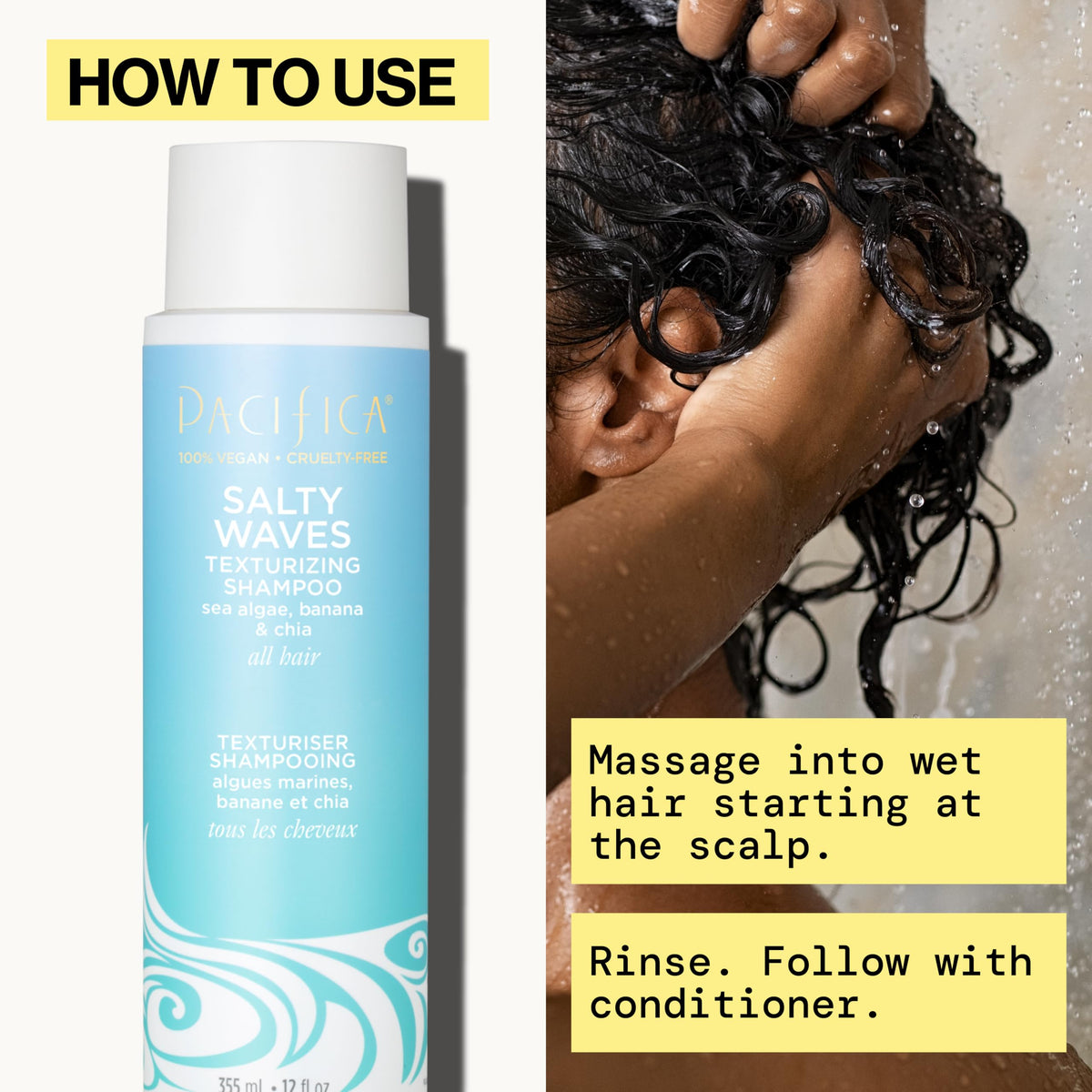 Rinsage du Shampooing Salty Waves de Pacifica