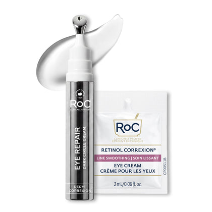 RoC Crème Réparatrice Contour des Yeux avant-après sur un fond blanc