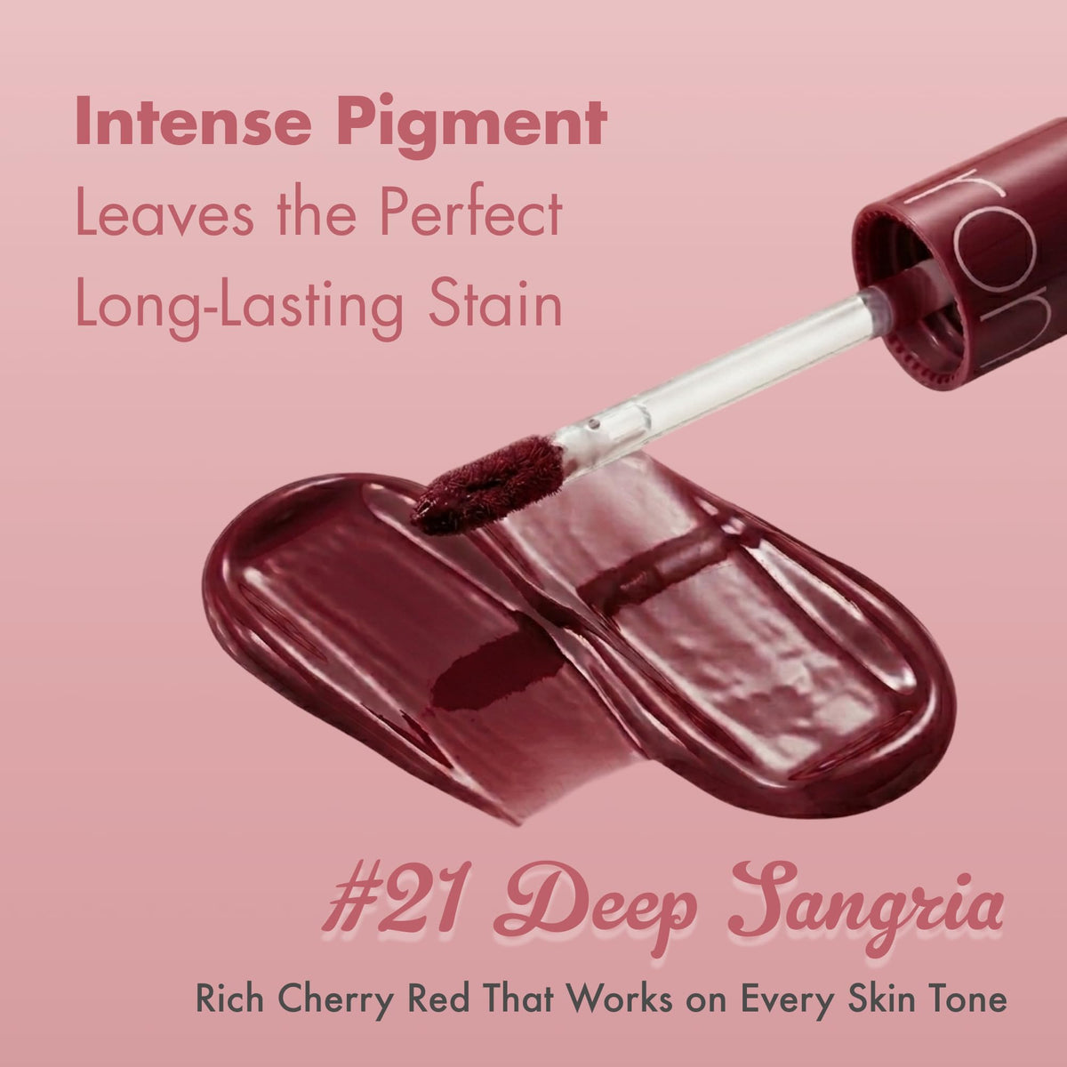 rom&nd Juicy Lasting Tint 21 Deep Sangria product open showcasing texture