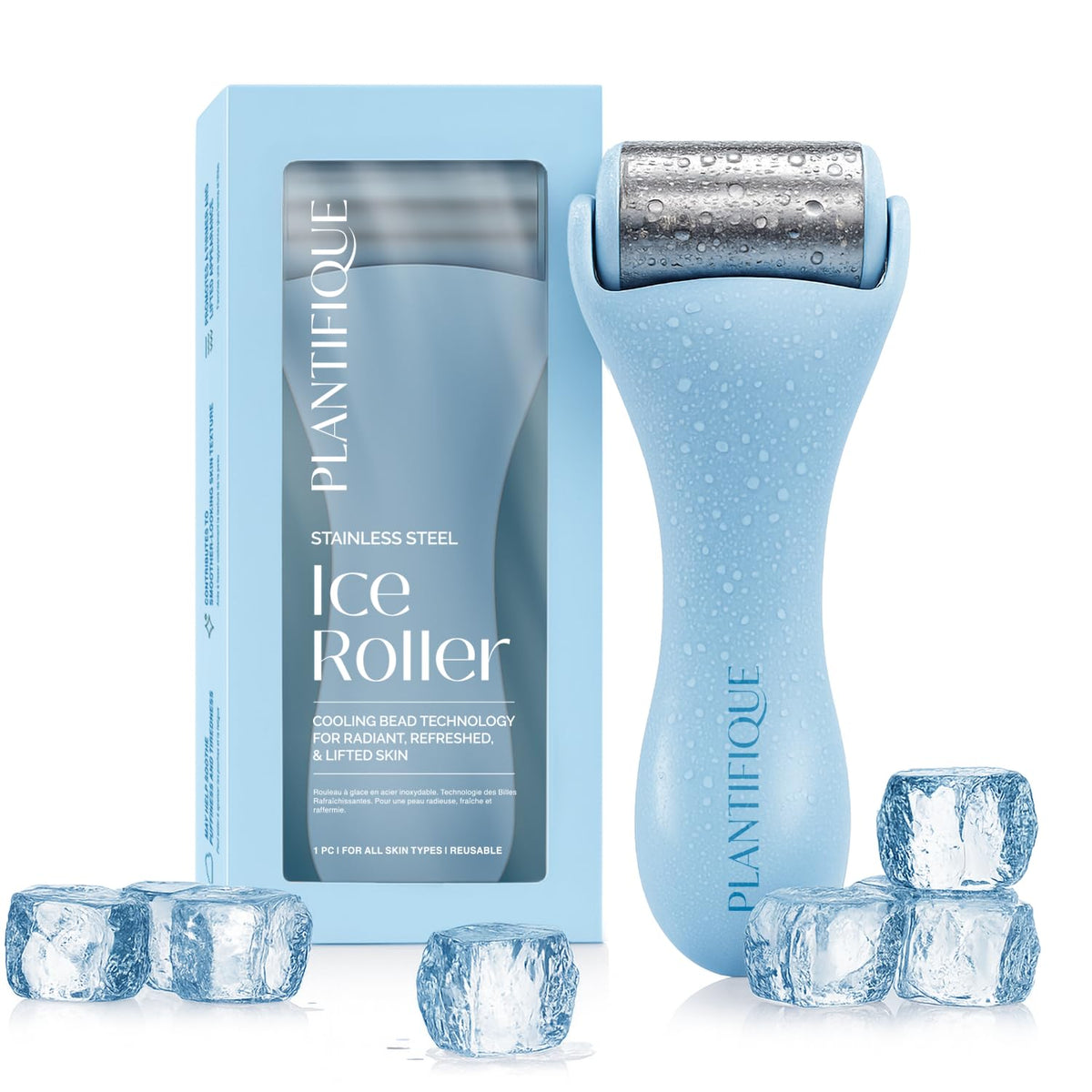 Rouleau de glace PLANTIFIQUE vue de face avec poignée en acier inoxydable
