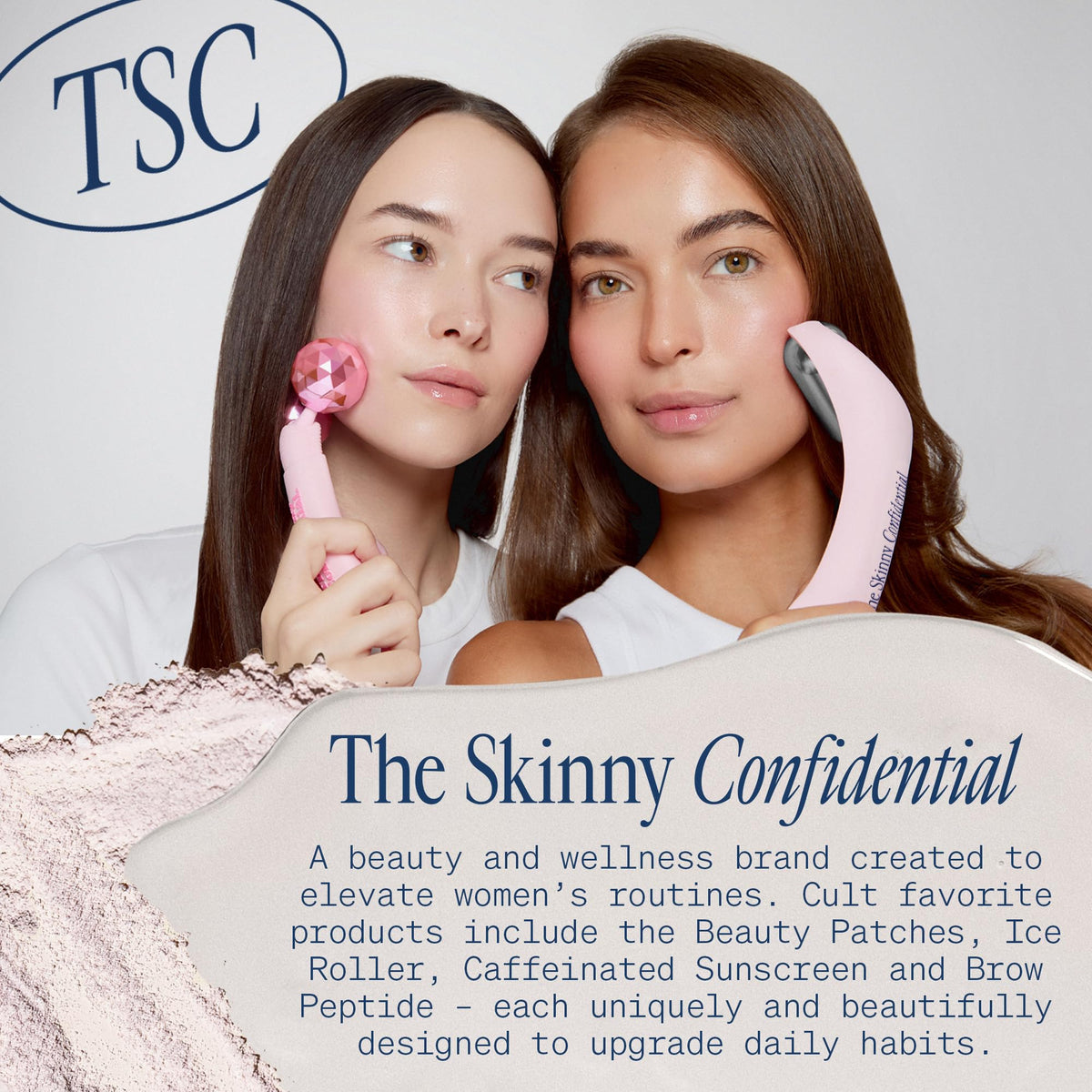 Rouleau de Glace The Skinny Confidential à côté de produits de beauté