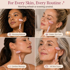 Rouleau de quartz rose à côté d'autres outils de soins