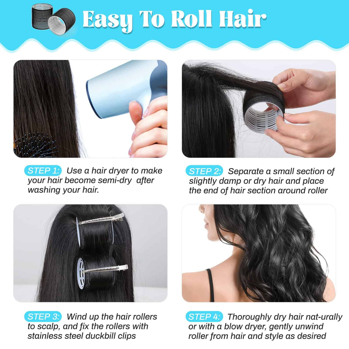 Rouleaux à cheveux jumbo avec clips, emballage