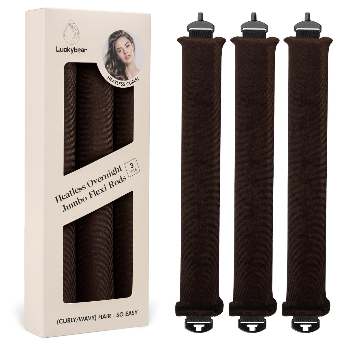 Rouleaux à cheveux Luckybear Jumbo 3pcs en satin marron