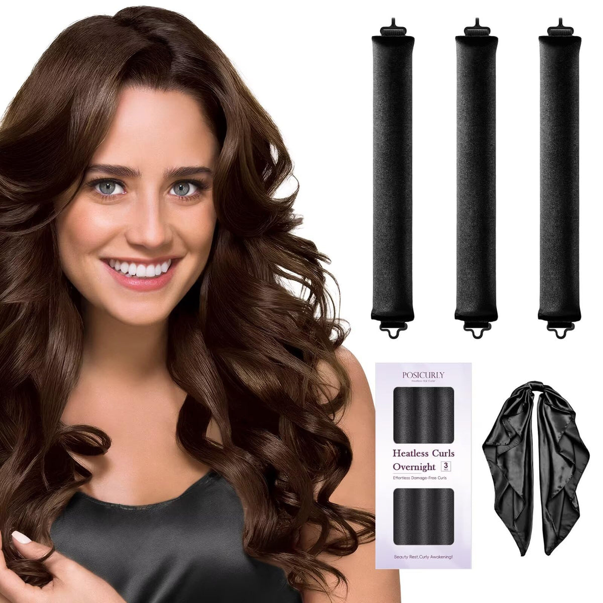 Rouleaux à cheveux sans chaleur posicurly en velours satin, ensemble de 3 pièces