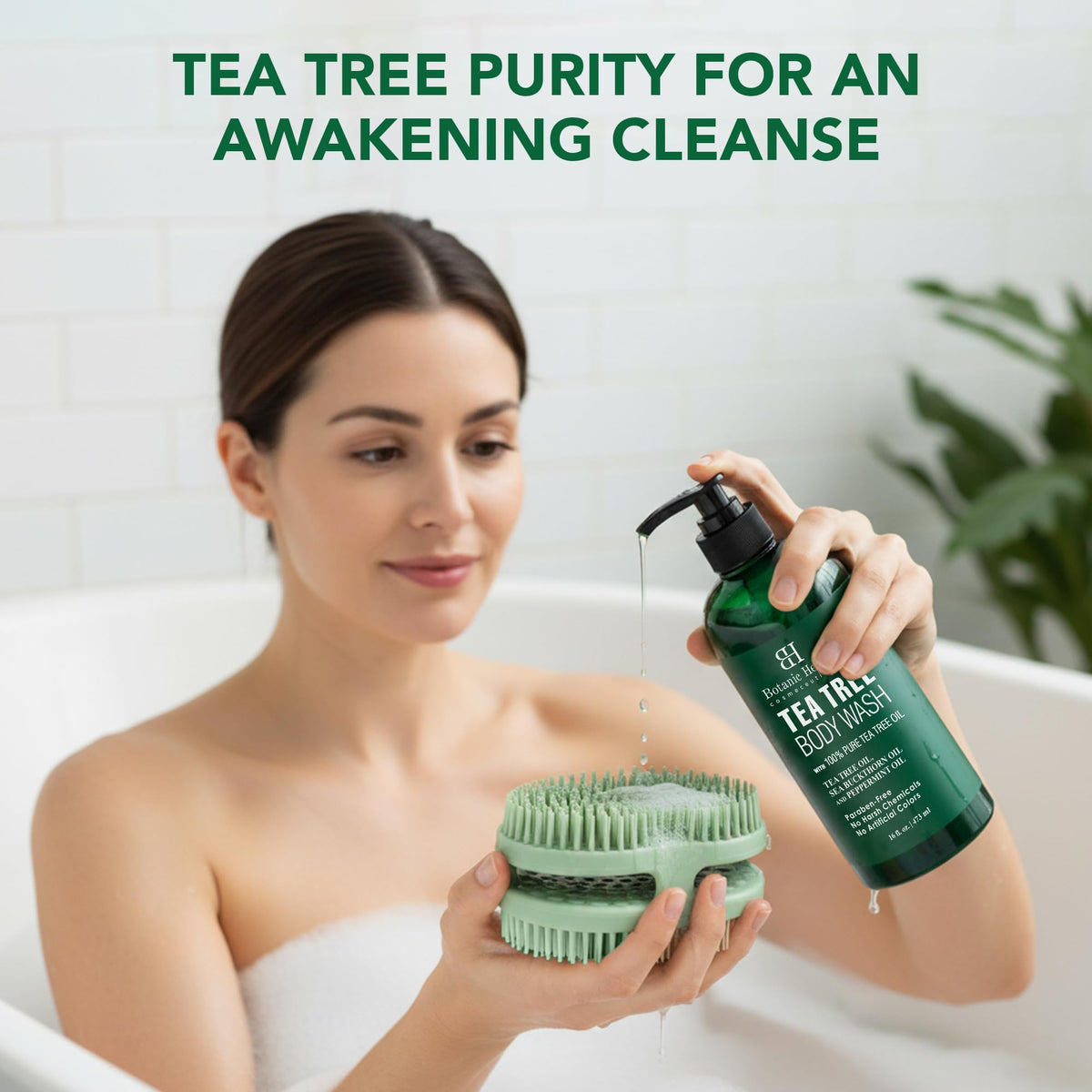 Routine de soins avec gel douche au thé vert et brosse