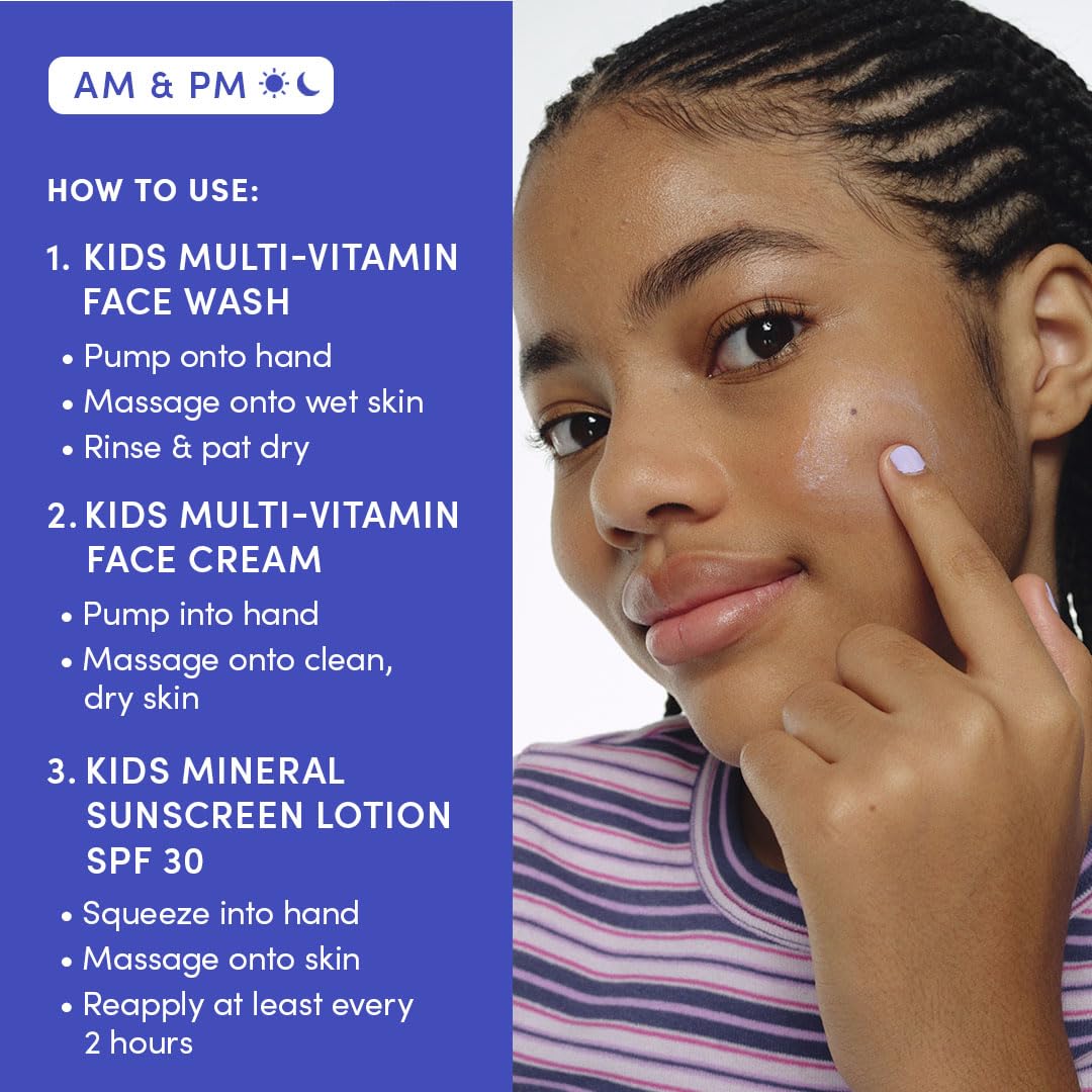 Routine de soins visage pour enfants avec nettoyant, crème et SPF
