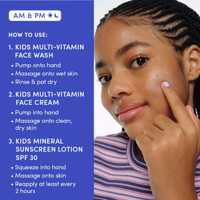Routine de soins visage pour enfants avec nettoyant, crème et SPF