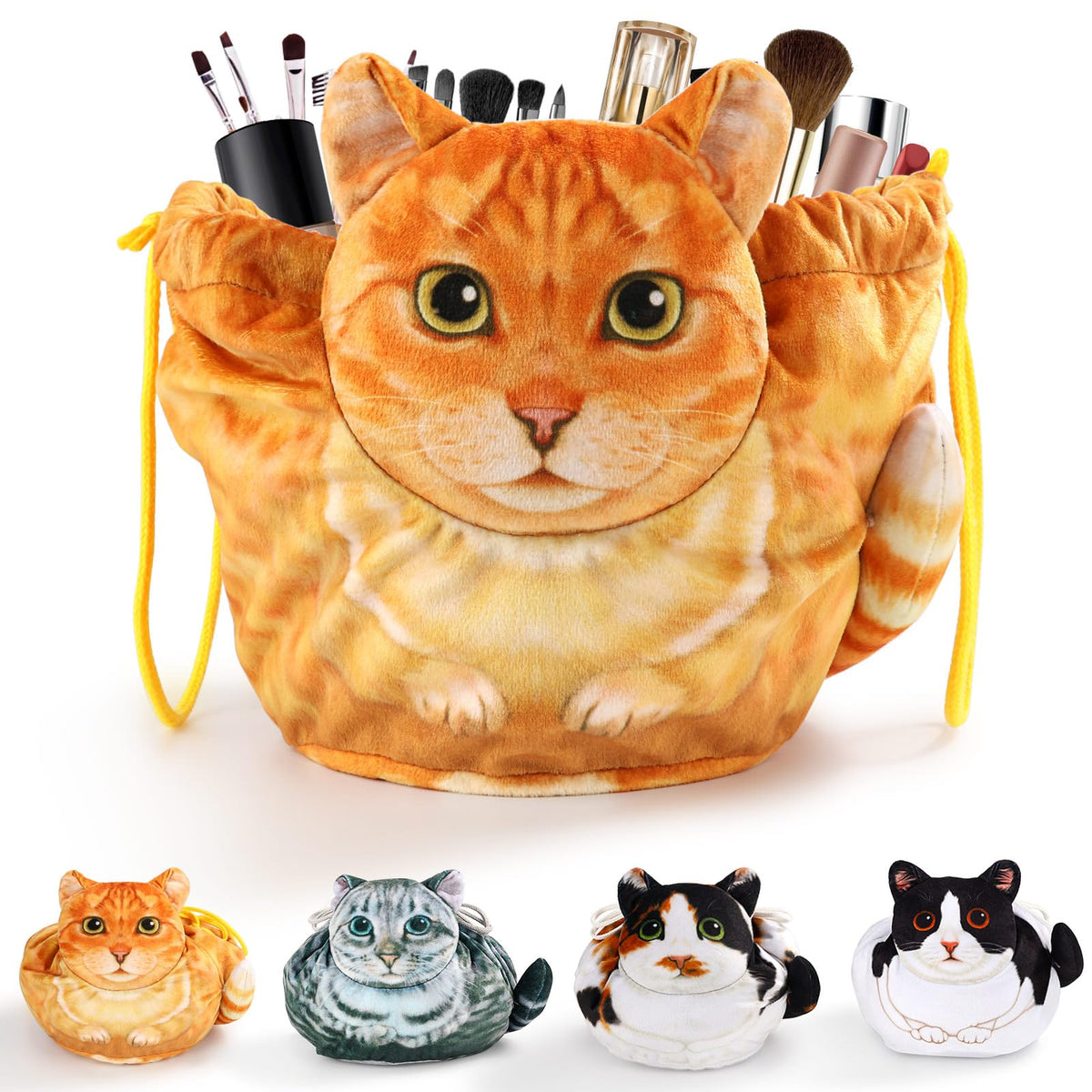 Sac à maquillage à cordon Openhahaha vue avant avec design tête de chat