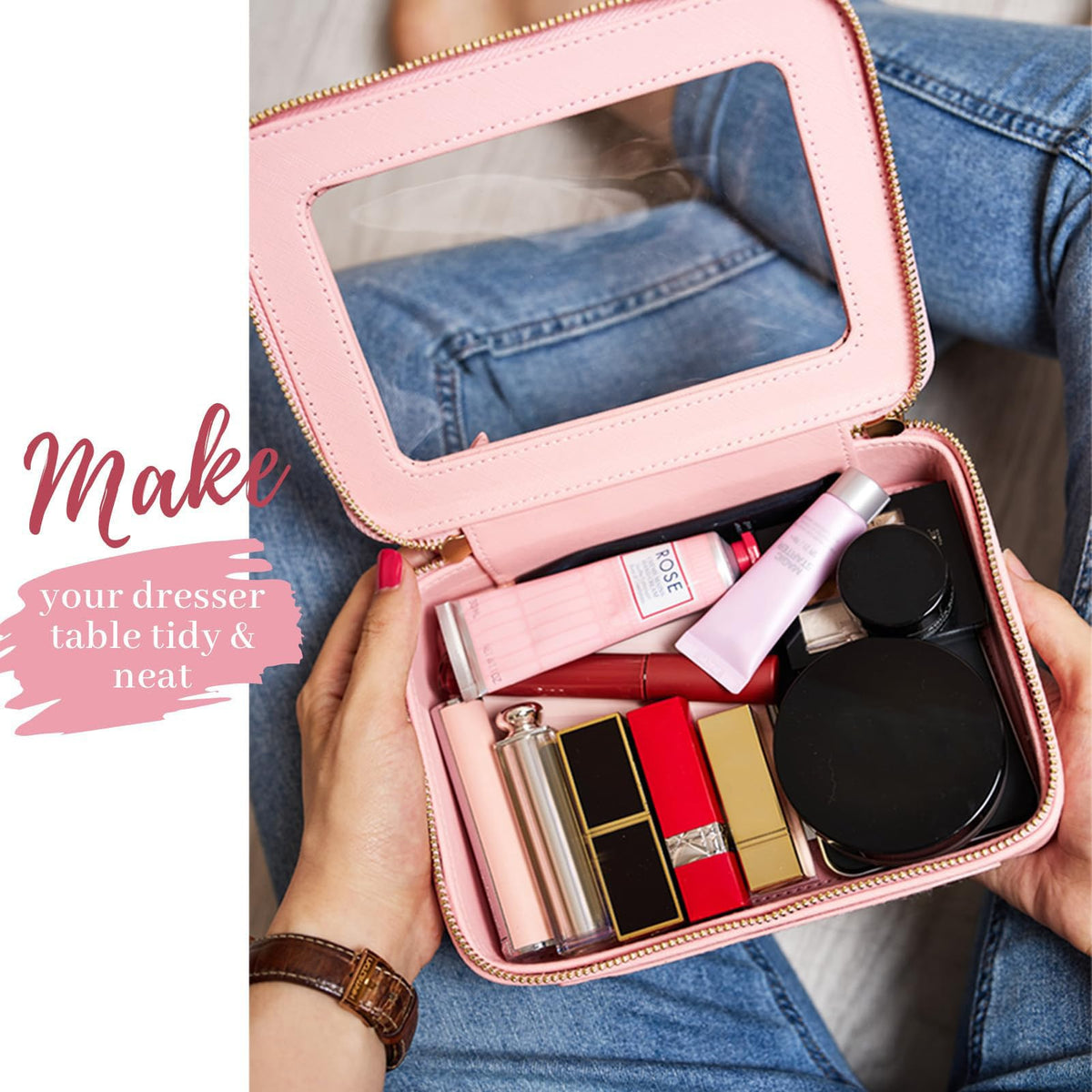 Sac à maquillage Aveniee moyen, rempli de produits cosmétiques