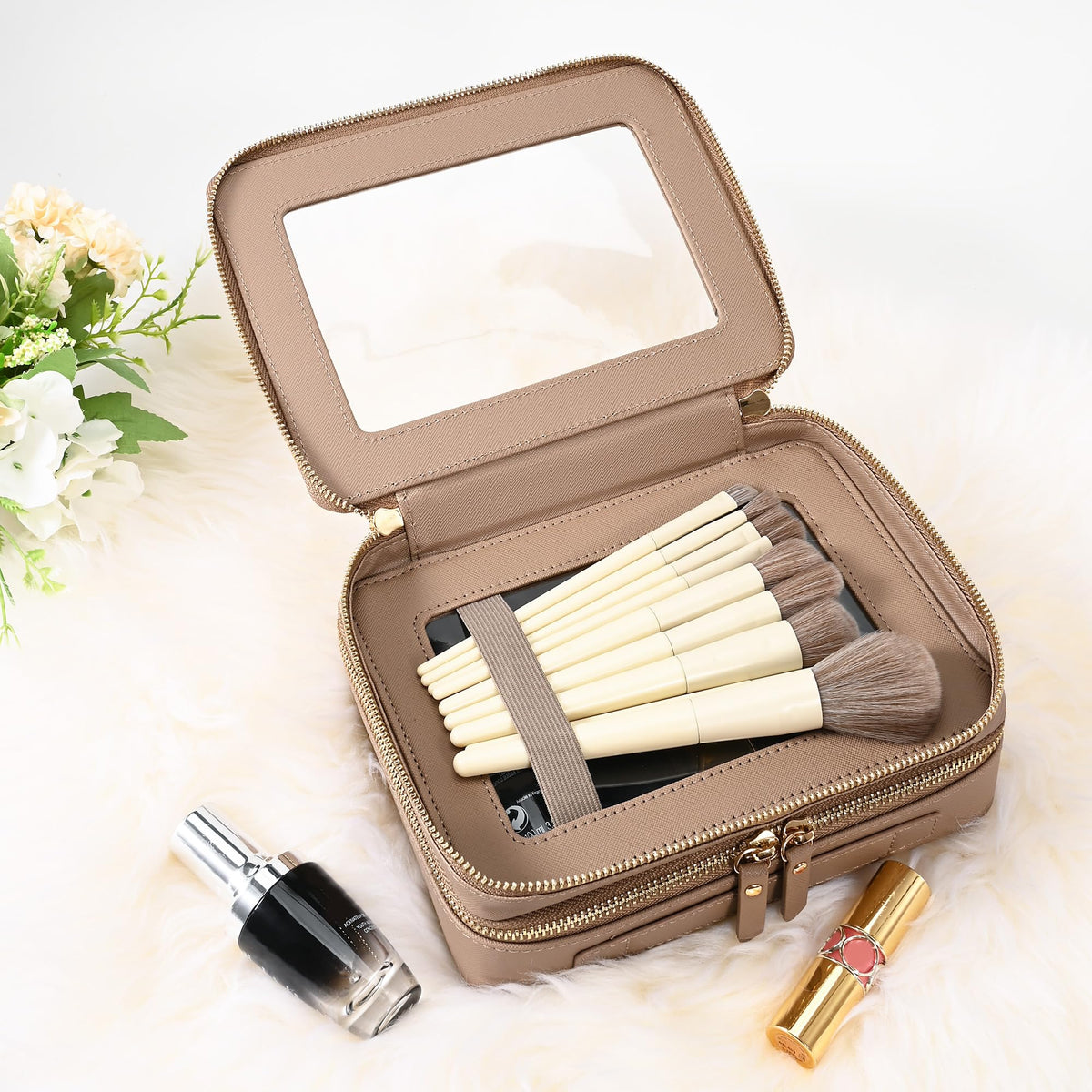 Sac à maquillage Aveniee transparent ouvert montrant les deux couches