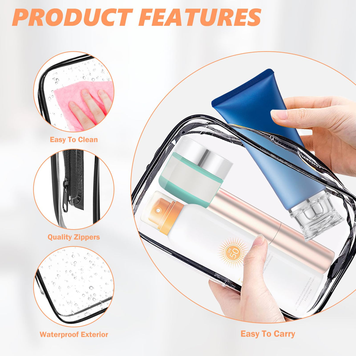 Sac de maquillage AURUZA avec contenu visible, adapté pour le voyage