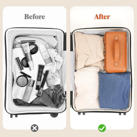 Sac de maquillage Divvia utilisé comme trousse de toilette dans une salle de bain