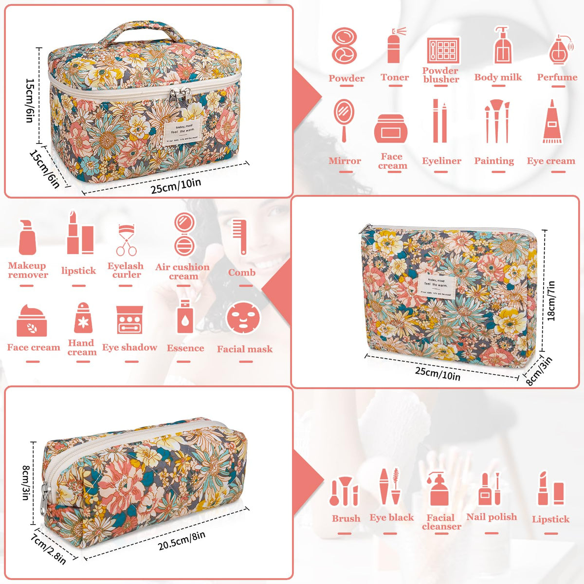 Sac de maquillage Gosect ouvert montrant les trois tailles