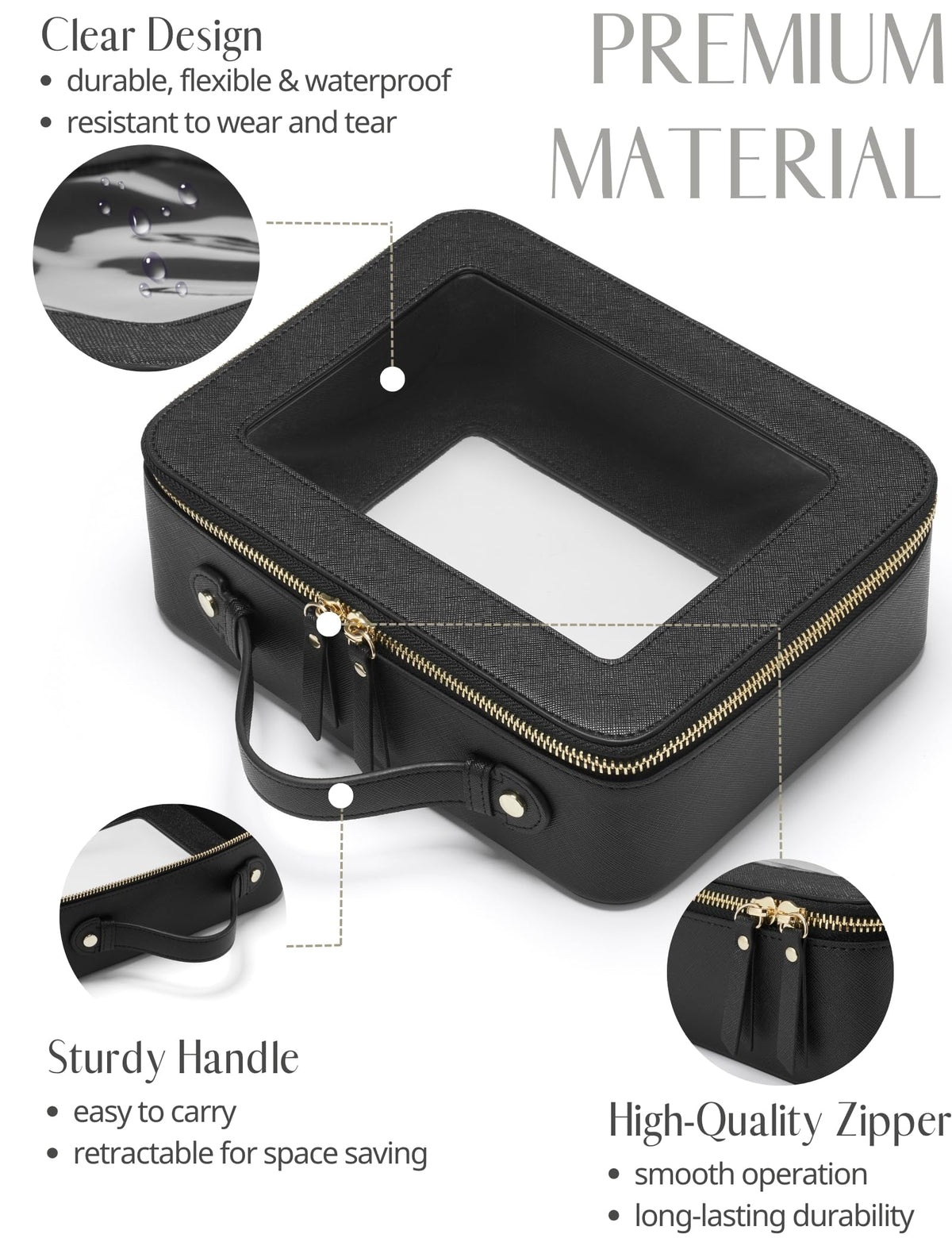 Sac de toilettes Popvibe noir, vue latérale avec accessoires