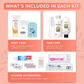 Sac transparent avec kit d'hygiène TREKTOTE, comprenant shampoing et gel douche