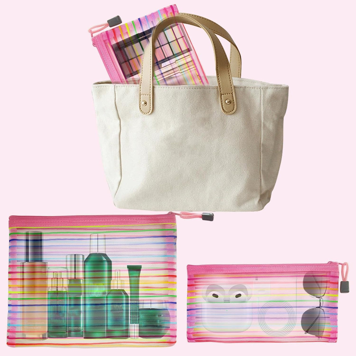 Sacs en maille CarryEpic de différentes tailles, rose et transparent