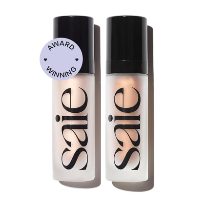 Saie Glowy Super Gel Duo face primer Starglow and Sunglow bottles
