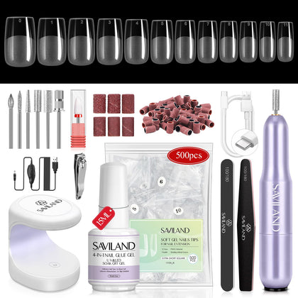 SAVILAND Kit de Conseils en Gel Ongles Carrés Courts 500 PCS avec Mini Lampe