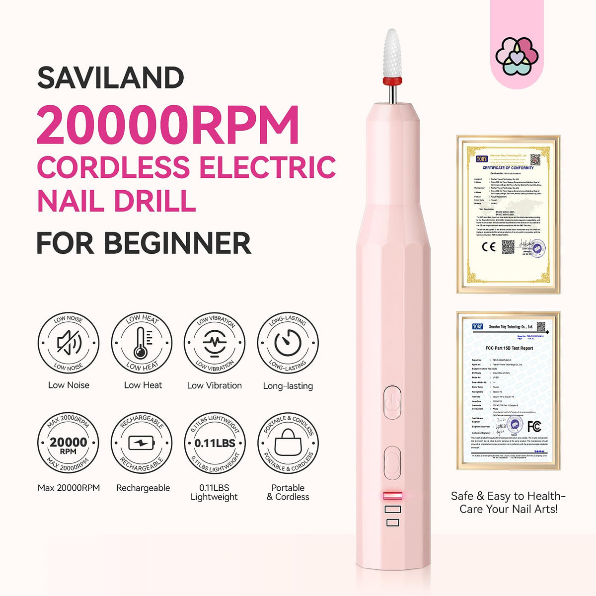 SAVILAND perceuse à ongles en action sur des ongles