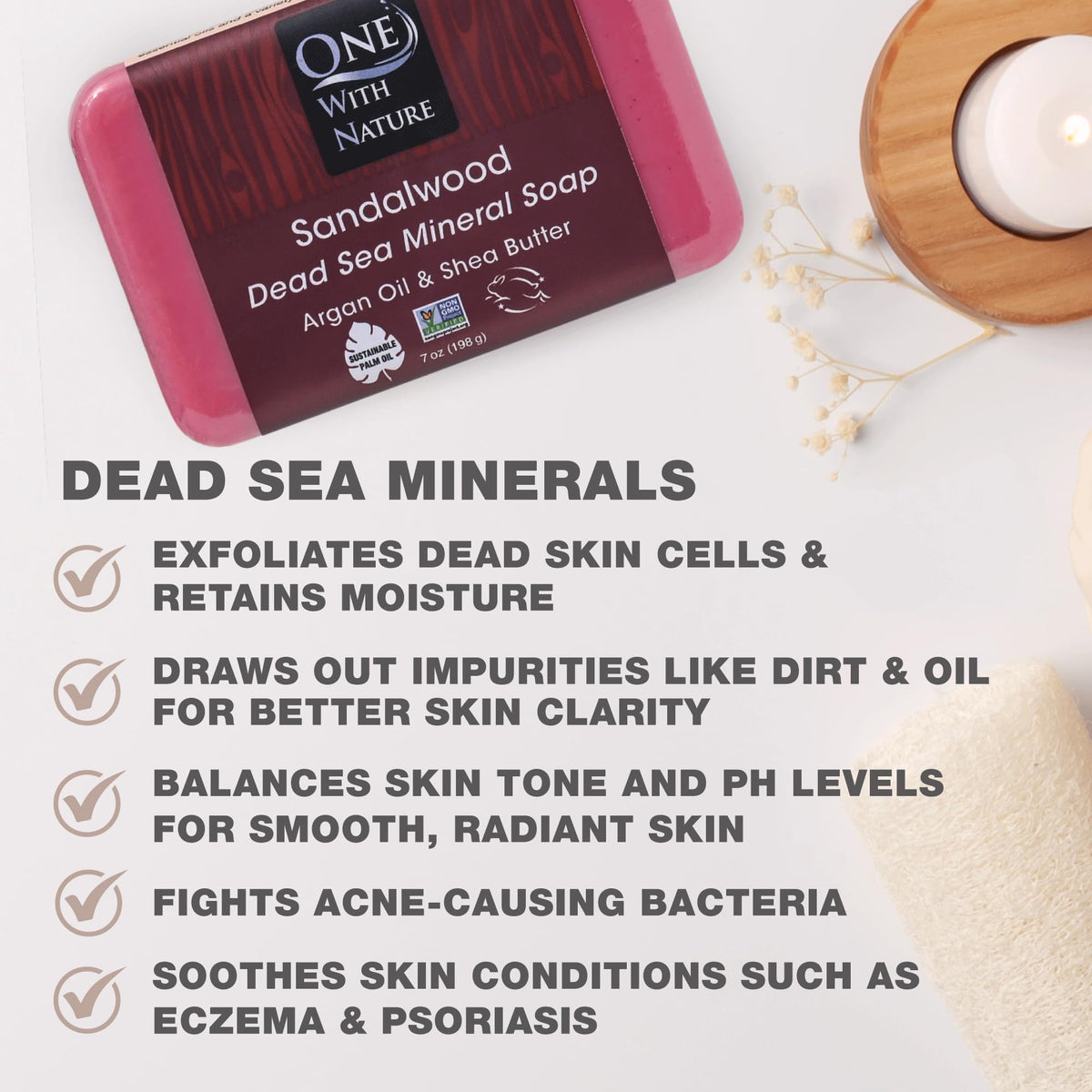 Savon au Sel de la Mer Morte et Bois de Santal sur une surface en bois