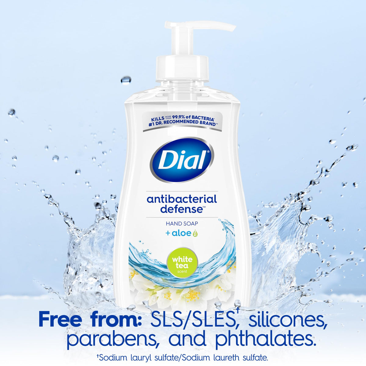 Savon Dial Antibactérien Thé Blanc sur un comptoir de salle de bain