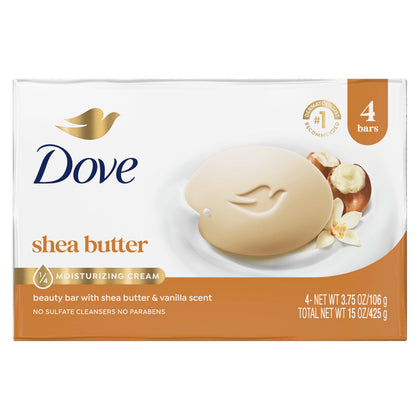 Savon Dove au beurre de karité 4 unités, vue avant avec emballage