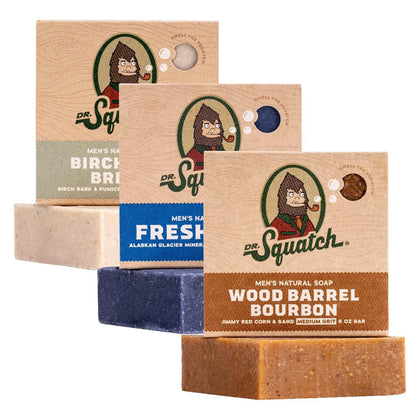 Savon Dr. Squatch Birchwood Breeze, Fresh Falls et Wood Barrel Bourbon, vue avant