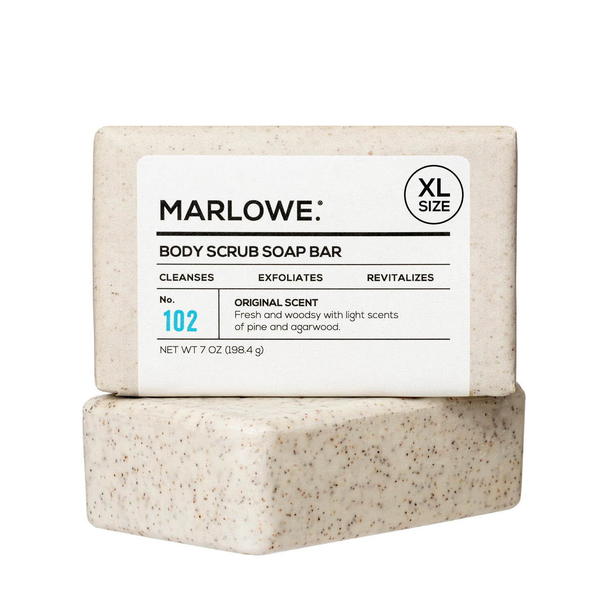 Savon exfoliant MARLOWE. 213g vue de face avec son emballage