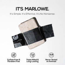 Savon exfoliant MARLOWE. 7 oz, présentation avec des ingrédients naturels