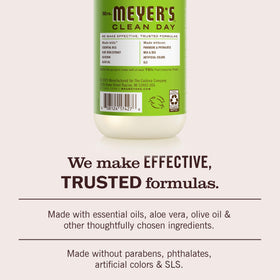 Savon liquide mains Mrs. MEYER'S avec étiquette et ingrédients